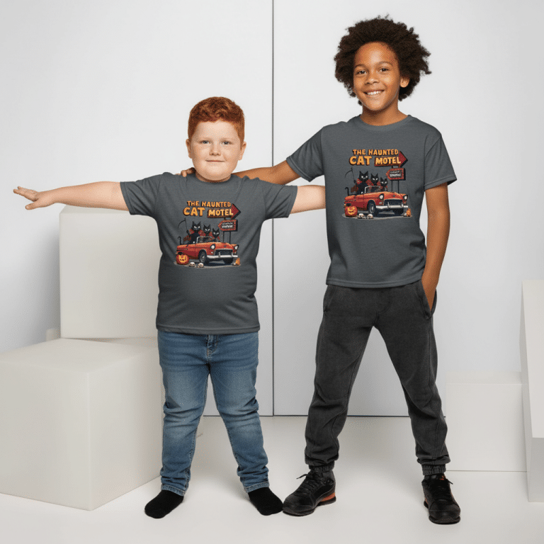 Youth The Haunted Cat Motel t-shirt, whimsical cat design, moisture-wicking cotton-poly blend, modern classic fit for kids.