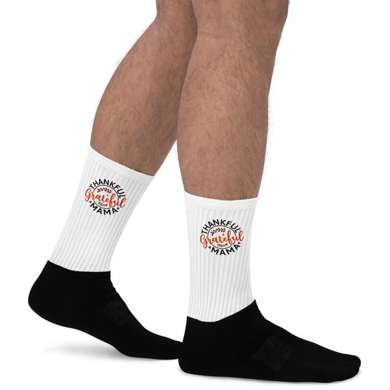 Thankful Grateful Mama crew socks, cushioned black foot, bold colorful design, cotton-blend.