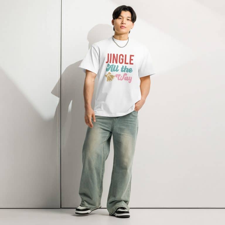 Men's box tee 'Jingle All The Way' festive graphic, 100% combed cotton, oversized relaxed fit, drop shoulders, for 4th of July 2025.