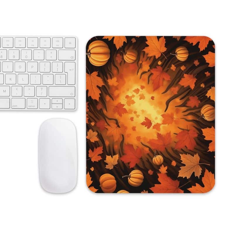 Autumnal pumpkin leaves mouse pad with soft polyester surface, non-slip rubber base, and rounded edges. Compact fall design for desk.
