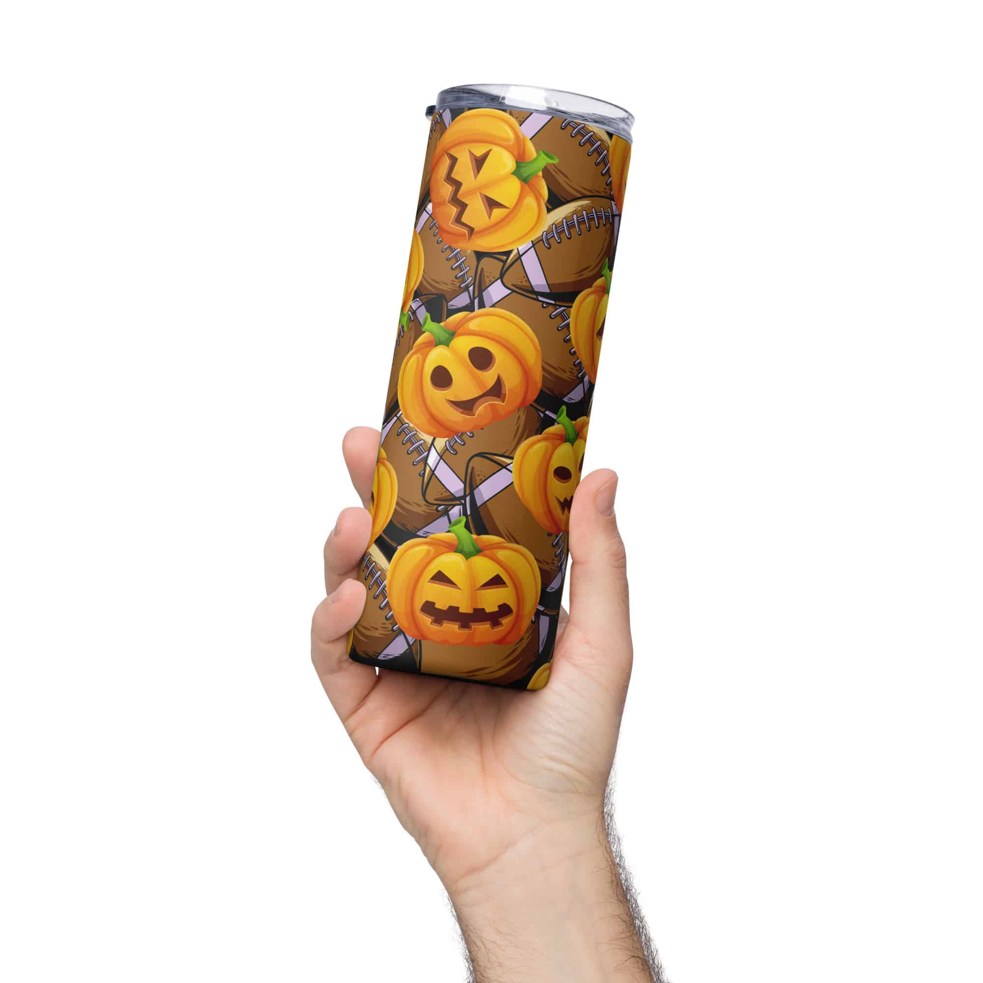 stainless-steel-tumbler-black-left-68d3e8d1125f9.jpg 20 oz stainless steel tumbler with festive pumpkin and football graphic, autumn drinkware with lid and straw