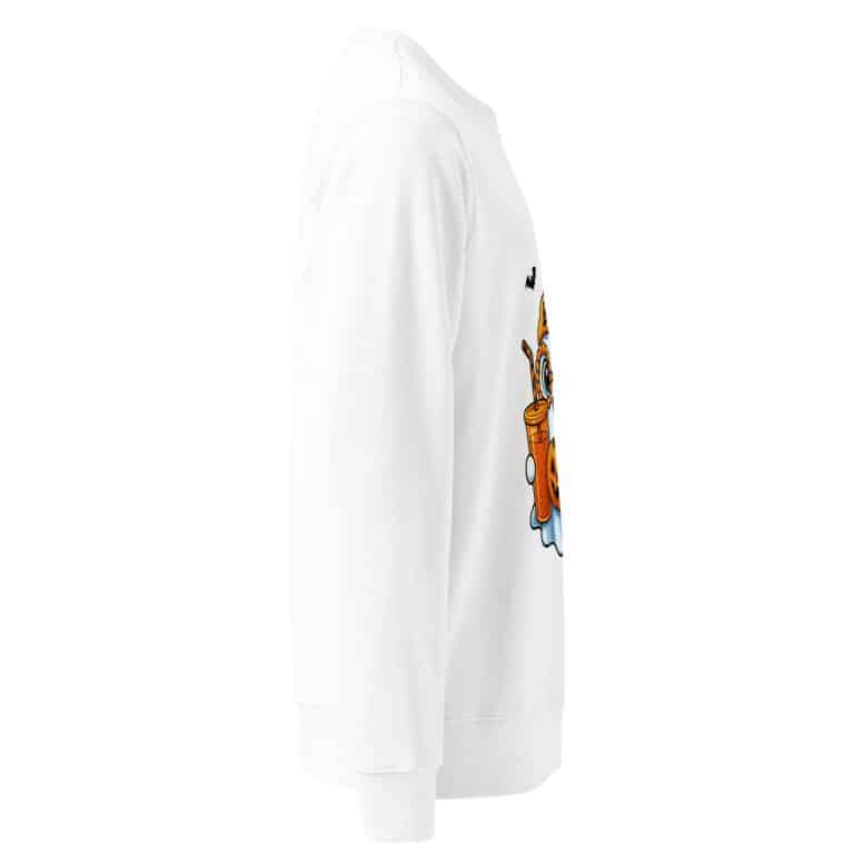 Unisex organic sweatshirt with playful ghost design, festive drink, and pumpkin accents. Relaxed fit, brushed fleece interior, eco-friendly cotton blend.