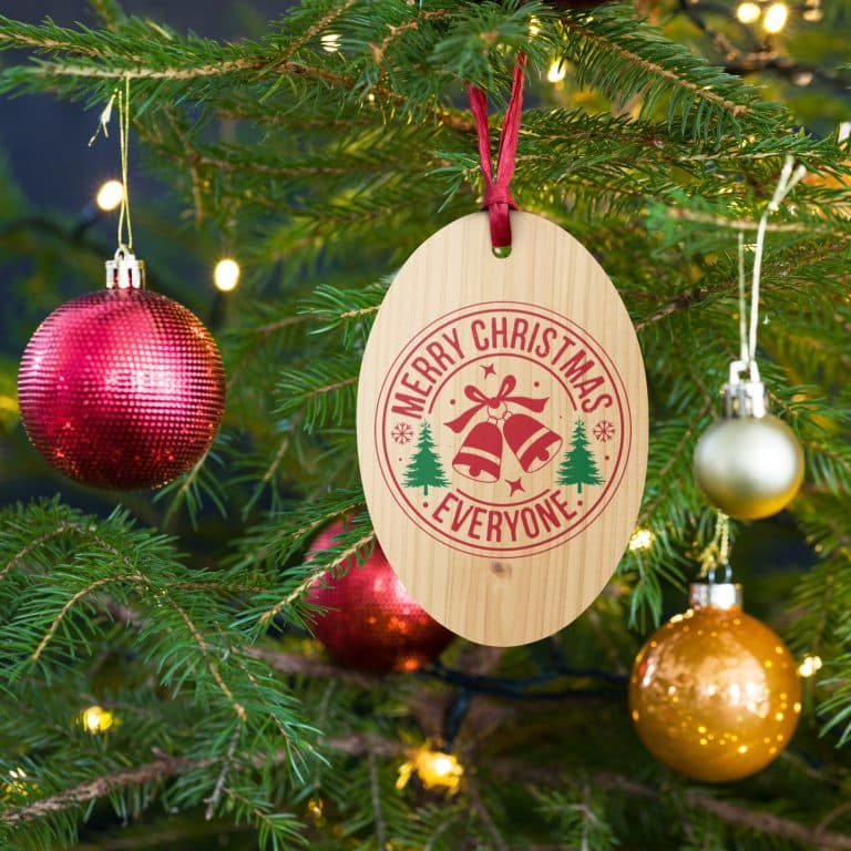 Natural Hinoki wood Christmas ornament with 'Merry Christmas Everyone' engraving, double-sided, red ribbon, magnetic back