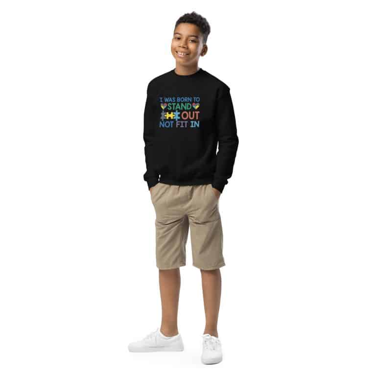 Youth crewneck sweatshirt with 'I Was Born To Stand Out' graphic - Gildan regular fit, cotton-polyester fleece, off-white