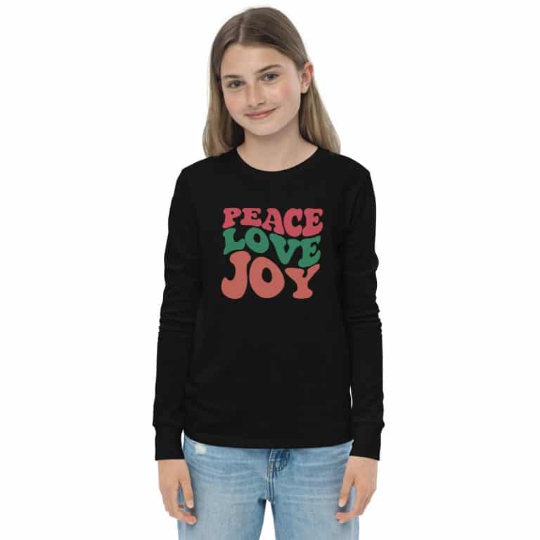 Youth long sleeve tee in white with "Peace Love Joy" retro graphic, crew neck, ribbed cuffs, soft 100% cotton.