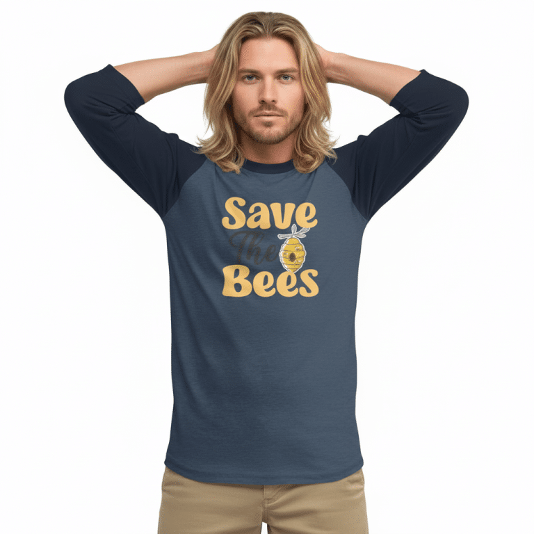 Heather grey 3/4 sleeve raglan shirt with 'Save the Bees' honey-themed lettering, baseball style, eco-friendly casual tee