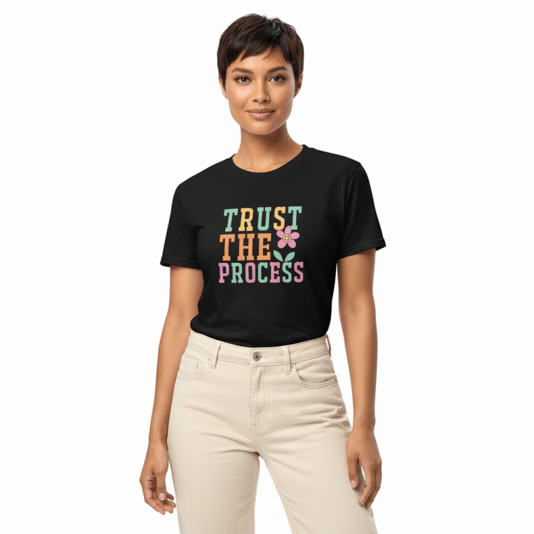 DryBlend T-Shirt Trust The Process, pastel floral design, modern classic fit, moisture-wicking cotton-polyester blend.