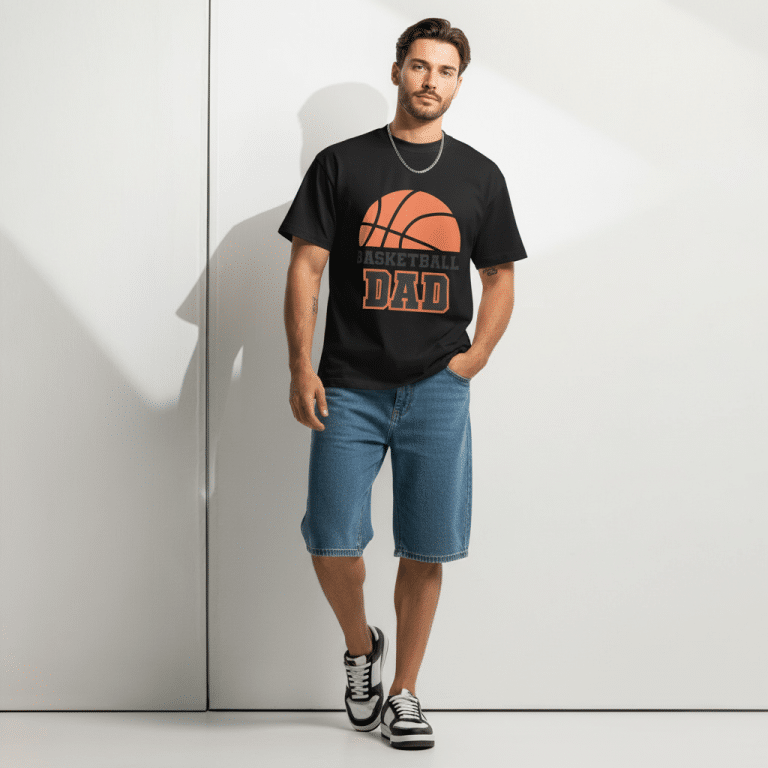 Cotton Heritage Men’s oversized box tee "Basketball Dad" - 100% combed cotton, relaxed fit, drop shoulders. Casual basketball style.