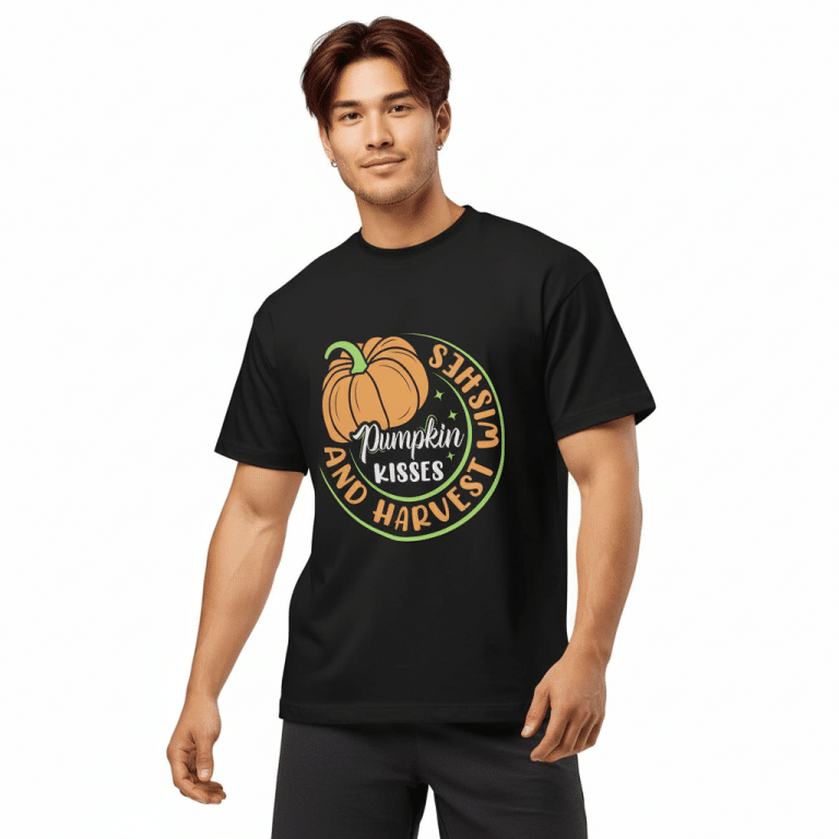 Men's boxy tee in pumpkin orange with harvest design, featuring seasonal pumpkin kiss text, soft cotton oversized fit.