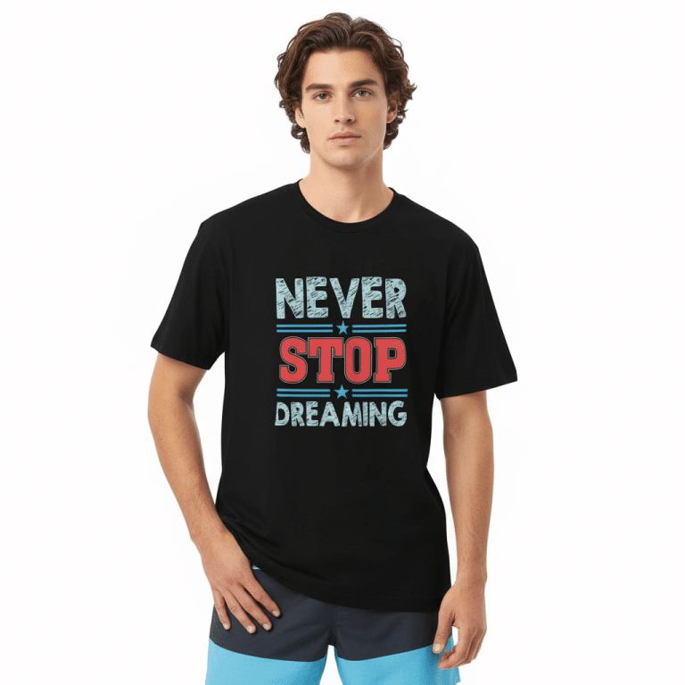 Men's Premium Heavyweight Tee Never Stop Dreaming black cotton tee, regular fit, 100% ring-spun cotton with inspirational quote graphic