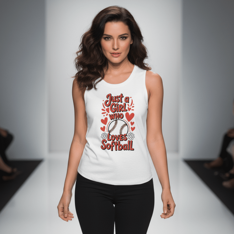Bella + Canvas white muscle tank top for women, "Just A Girl Who Loves Softball" text, relaxed fit, low-cut armholes, soft cotton, lightweight.