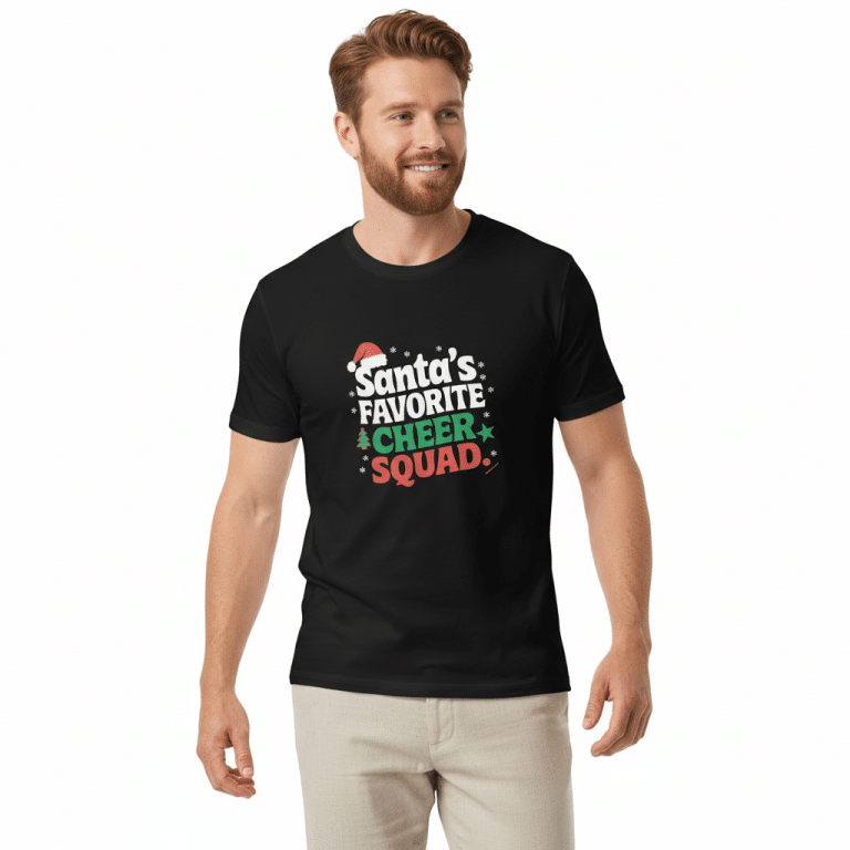 White short-sleeve unisex t-shirt featuring 'Santa's Favorite Cheer Squad' in bold lettering, 100% ring-spun cotton.