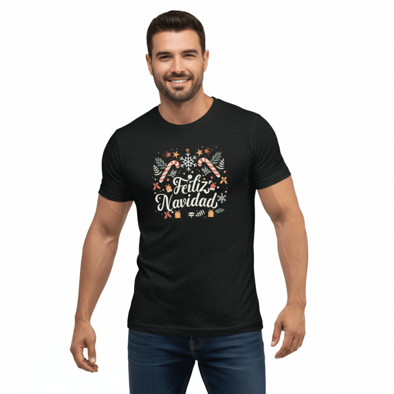 Short sleeve tri-blend tee with Feliz Navidad festive design, candy canes and snowflakes, vintage holiday style
