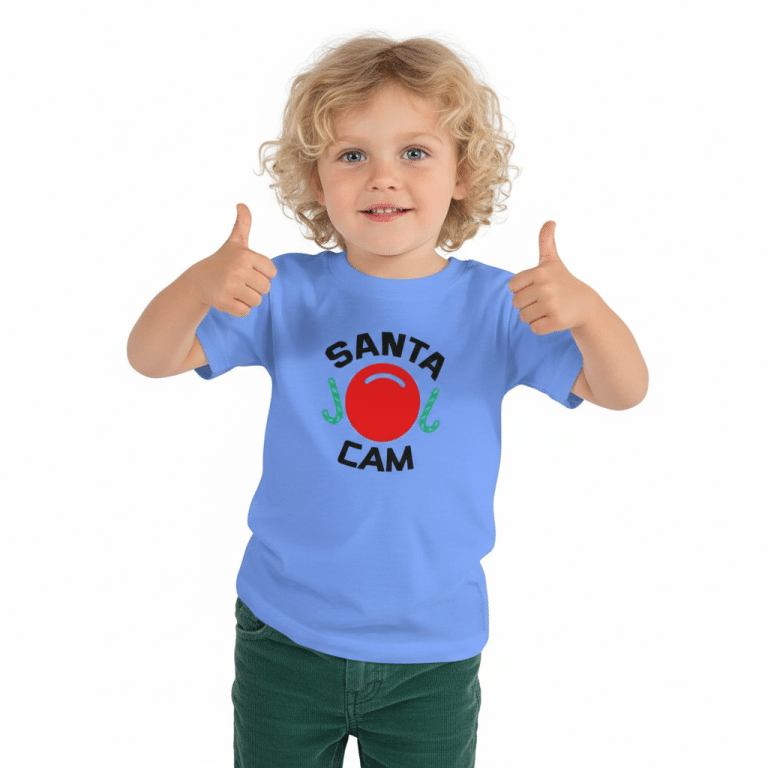 Light blue toddler short sleeve tee with red "Santa Cam" print, relaxed fit, 100% cotton.