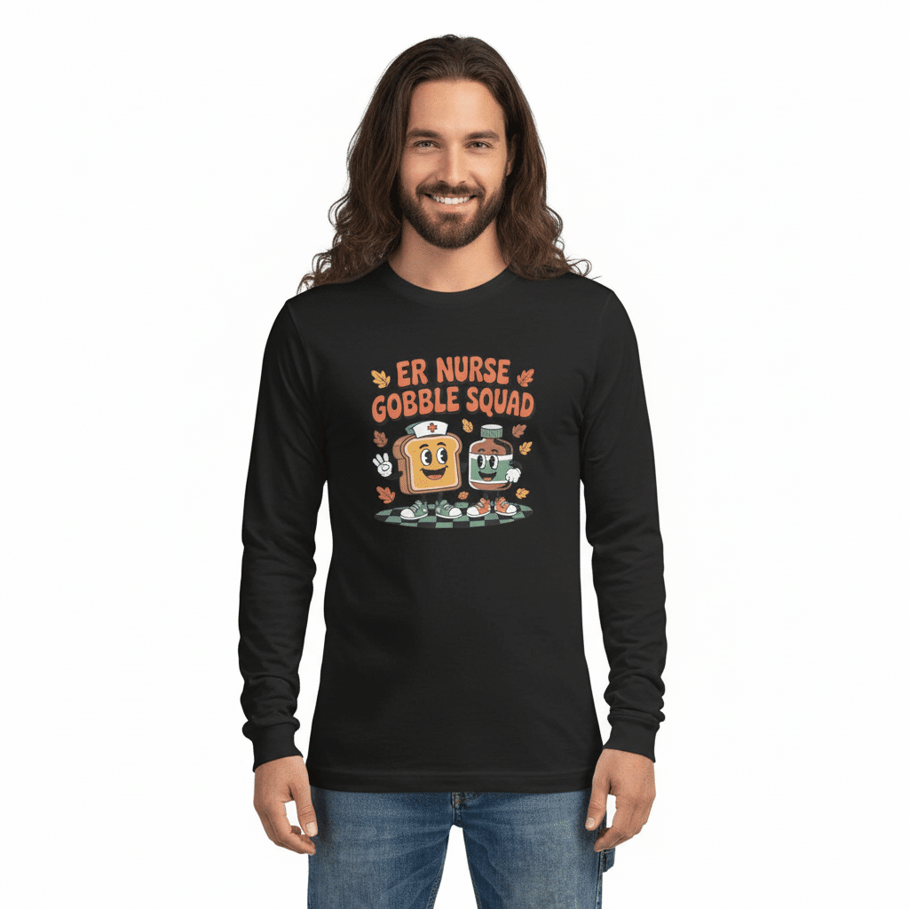 Unisex long sleeve tee for ER nurses, Turkey Gobble Squad design, crew neck, lightweight cotton blend, classic style.