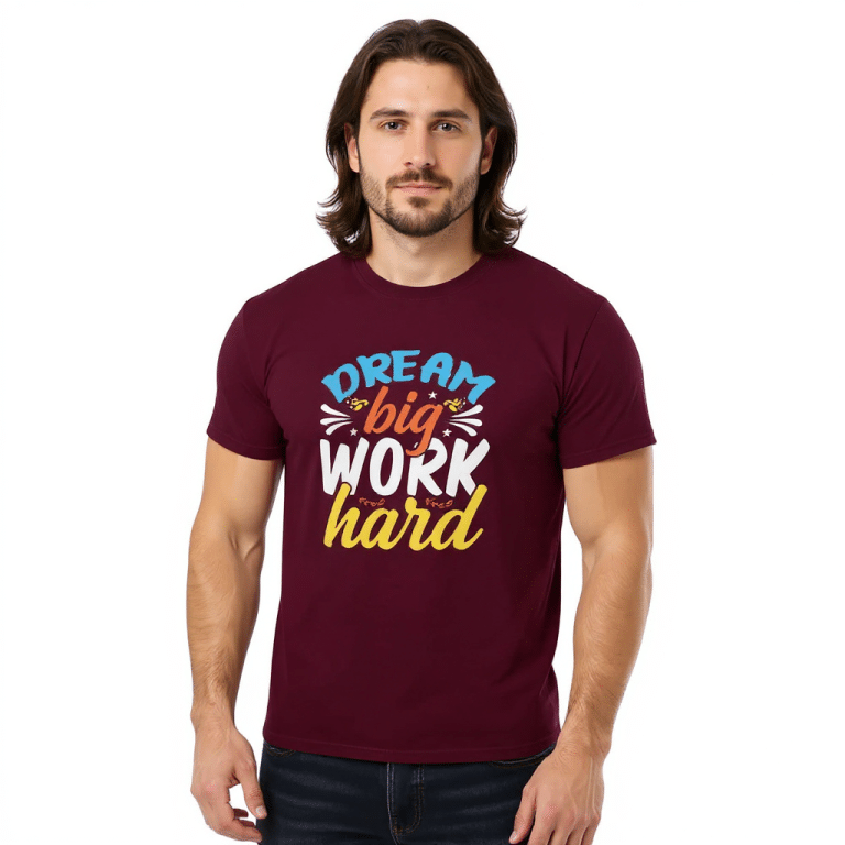 Unisex classic tee in Sport Grey with "Dream Big Work Hard" text, 100% cotton, casual style.