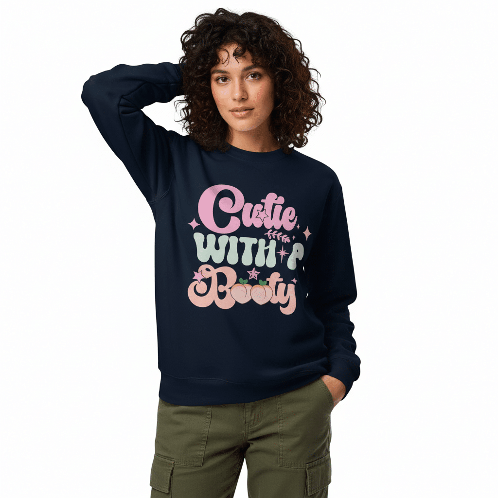 Black unisex eco sweatshirt with pastel pink and mint "Cutie With A Booty" typography, organic cotton, regular fit