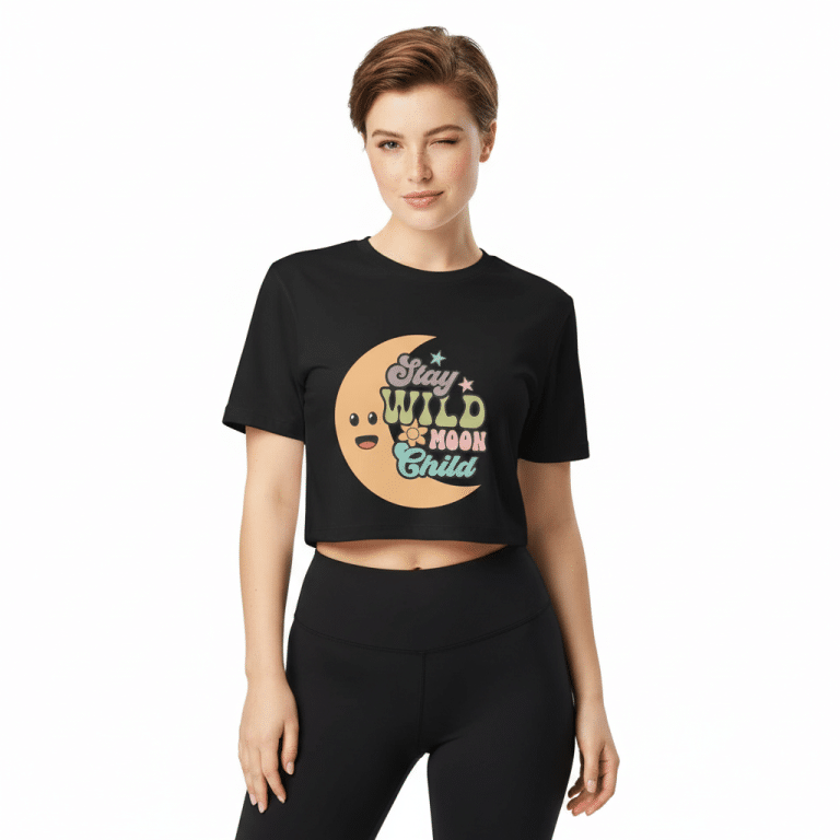 Unisex garment-dyed heavyweight t-shirt with crescent moon design "Stay Wild Moon Child" in soft cotton, unique worn-in color.