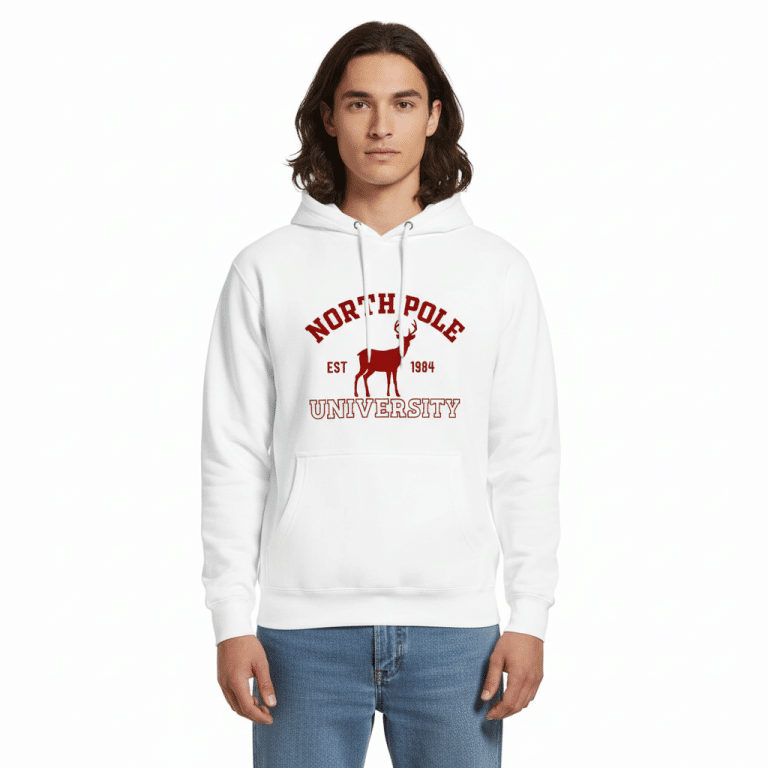 Unisex premium mid-weight hoodie in charcoal featuring North Pole University logo, adjustable hood, and kangaroo pocket