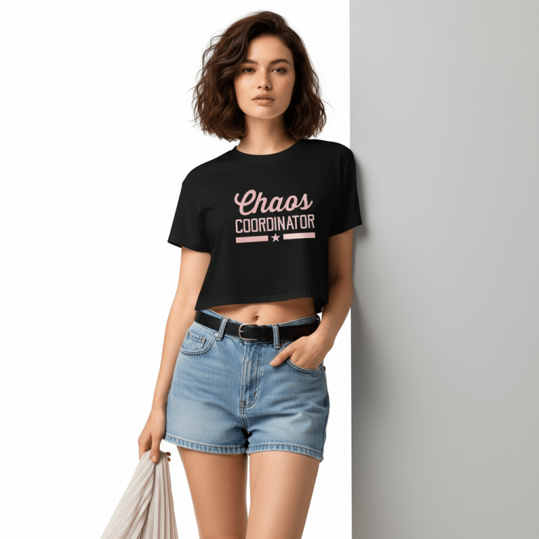 Relaxed fit women's crop top with "Chaos Coordinator" text, dropped shoulders, ribbed crew neck, 100% cotton.