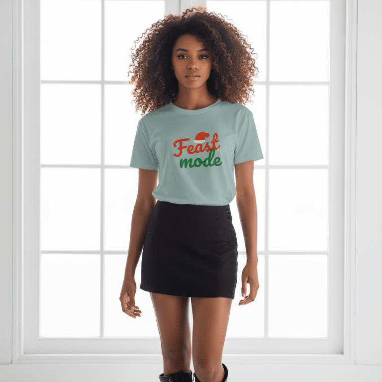 Women's 'Feast Mode' crop top: 100% combed cotton, relaxed fit, ribbed crew neck, dropped shoulders, side-seamed for durability.