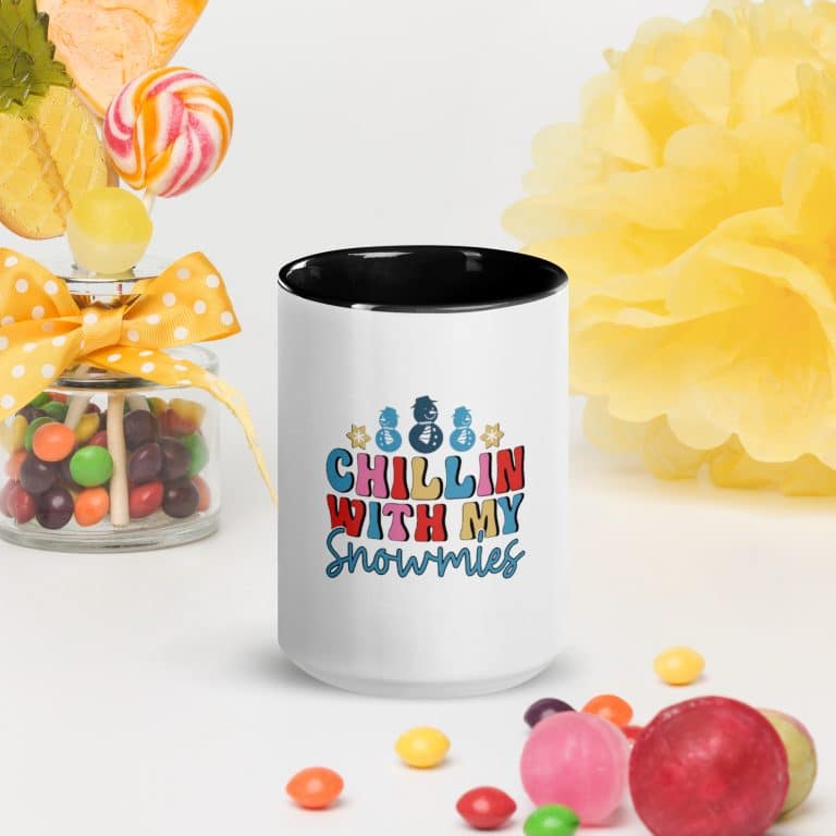 Ceramic mug with colorful interior, snowmen design, 11oz or 15oz, dishwasher and microwave safe.