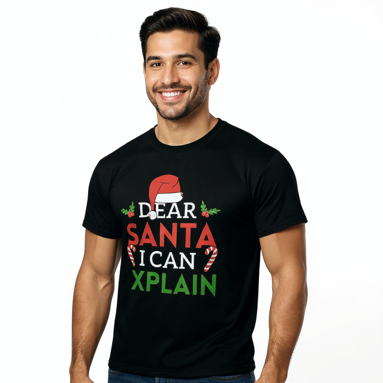 DryBlend T-Shirt Dear Santa I Can Explain, playful Christmas tee, modern classic fit, 50 cotton 50 polyester moisture-wicking fabric