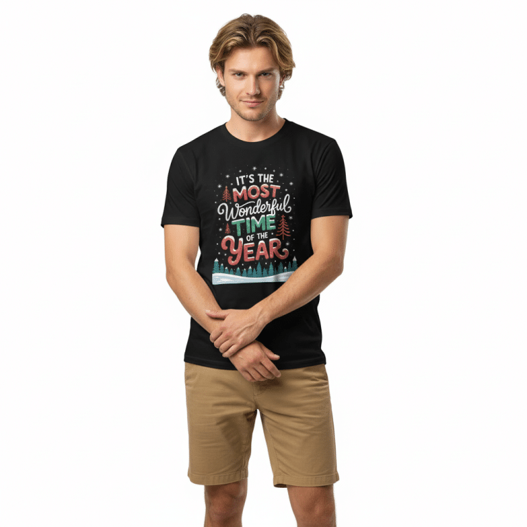Red DryBlend® T-Shirt with 'It's The Most Wonderful Time of The Year' text, modern classic fit, moisture-wicking Christmas tee.