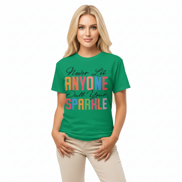 Green DryBlend t-shirt with inspirational "Never Let Anyone Dull Your Sparkle" text, moisture-wicking cotton-poly blend.
