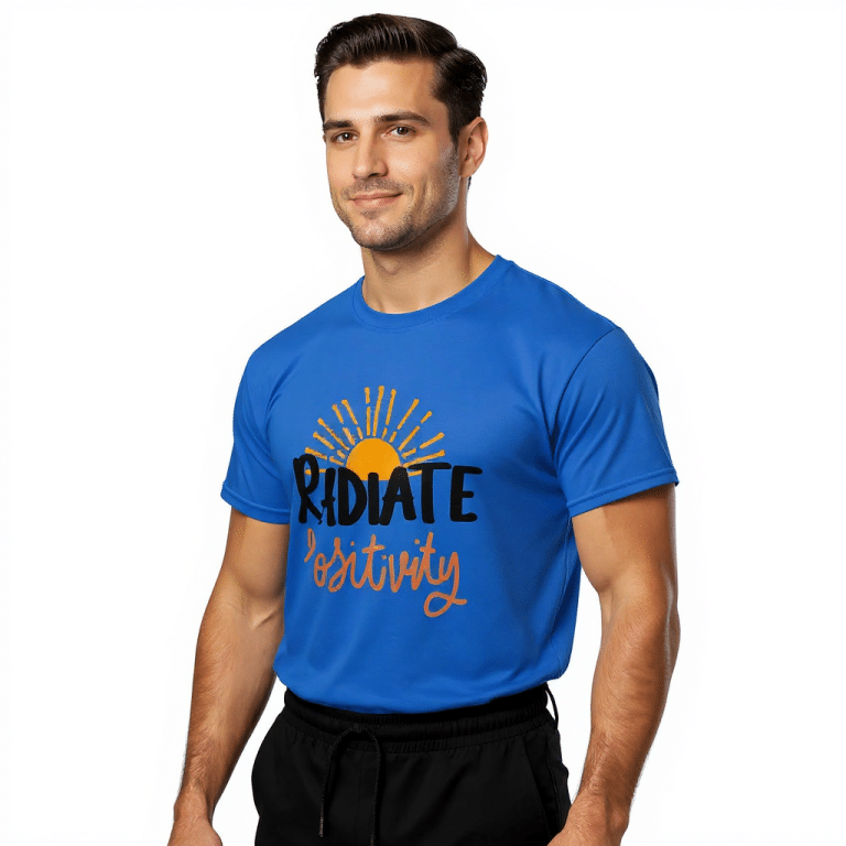 Blue DryBlend® T-Shirt with cheerful sun graphic, moisture-wicking, moisture management, modern classic fit, positive lifestyle apparel.