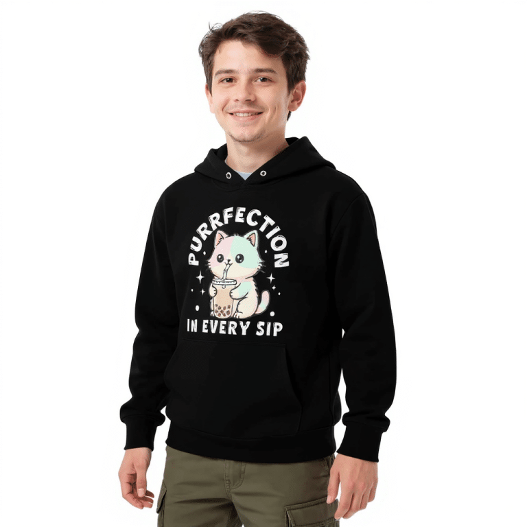 Kids cotton fleece hoodie with cat sipping bubble tea graphic, cozy 65% cotton 35% polyester, ribbed cuffs, classic style