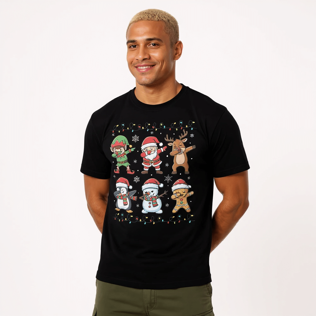 Mens_premium_heavyweight_tee_-_Funny_Christmas_Dab_realmodel_20251112_175044 Men's premium heavyweight tee, Funny Christmas Dab Squad design in Charcoal Heather or Carbon Grey, festive holiday humor shirt.