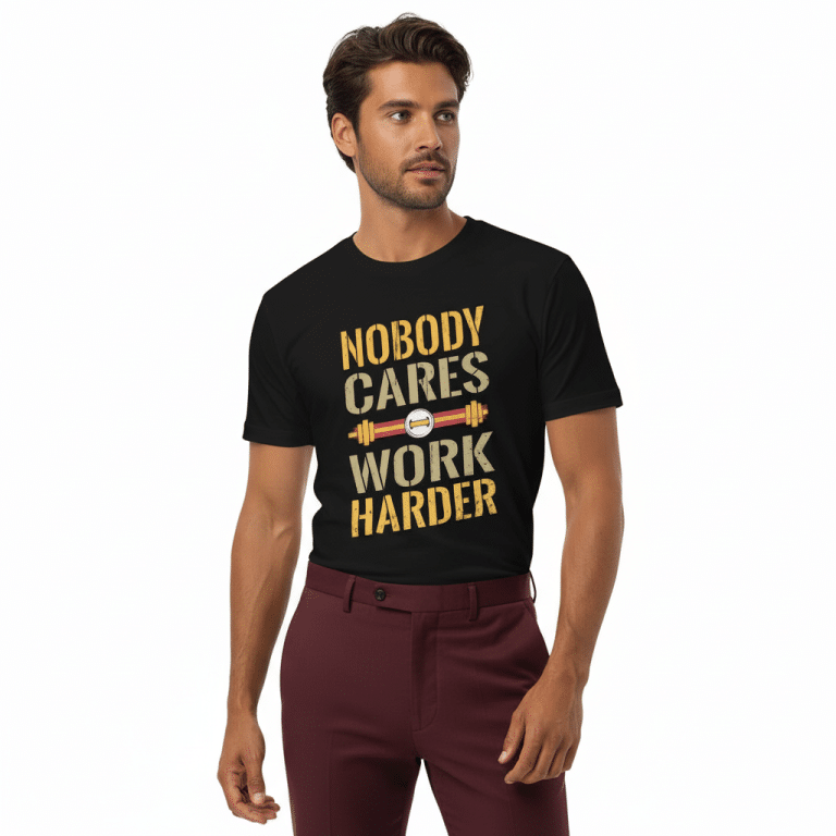 Men's premium heavyweight tee in Charcoal Heather, "Nobody Cares Work Harder" motivational quote, regular fit ring-spun cotton shirt.