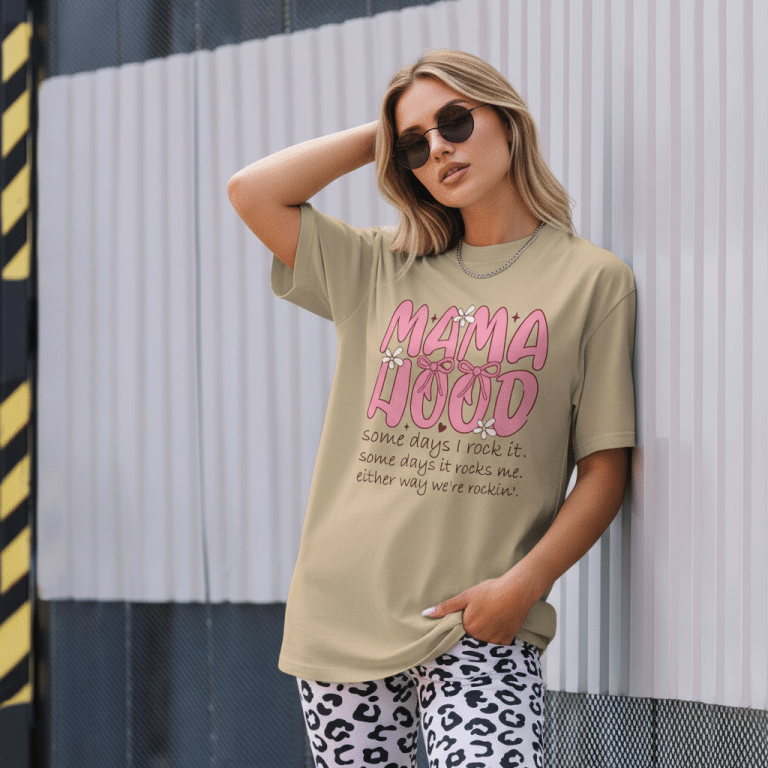 Oversized faded Mamahood t-shirt, garment-dyed boxy fit with dropped shoulders, 100% carded cotton vintage tee