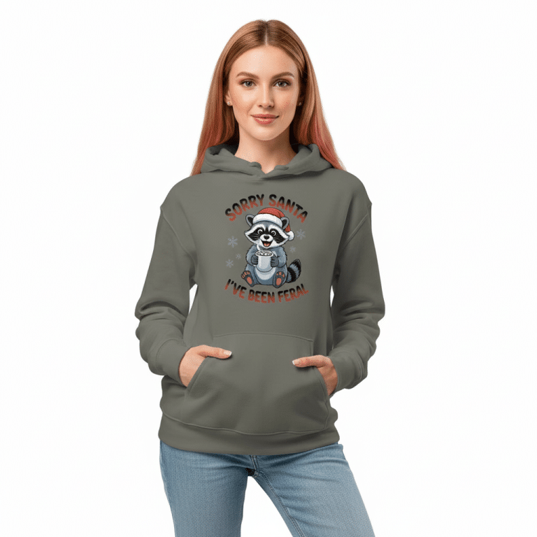 Oversized heavyweight hoodie with "Sorry Santa I've Been Feral" and raccoon graphic, brushed fleece, double-layered hood, front pocket, unisex.