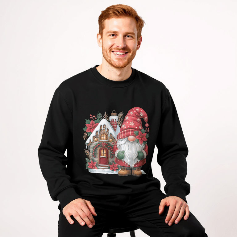 Oversized heavyweight sweatshirt with festive Christmas gnome print, soft brushed interior, unisex relaxed fit – Bella + Canvas