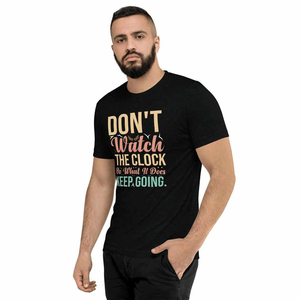 Short_sleeve_t-shirt_-_Dont_Watch_the_Clock_Do_Wha_realmodel_20251124_131910 Men's tri-blend short sleeve t-shirt in black with motivational text "Don't Watch the Clock Do What It Does" in white lettering, regular fit, lightweight casual apparel.