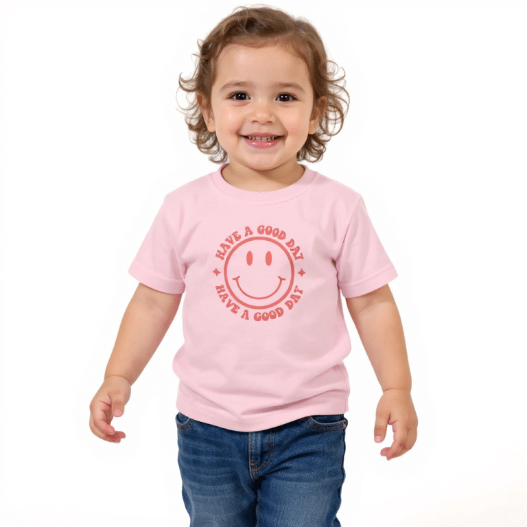 Pink toddler short sleeve tee with smiley face and "Have a Good Day" print, soft cotton, relaxed fit.