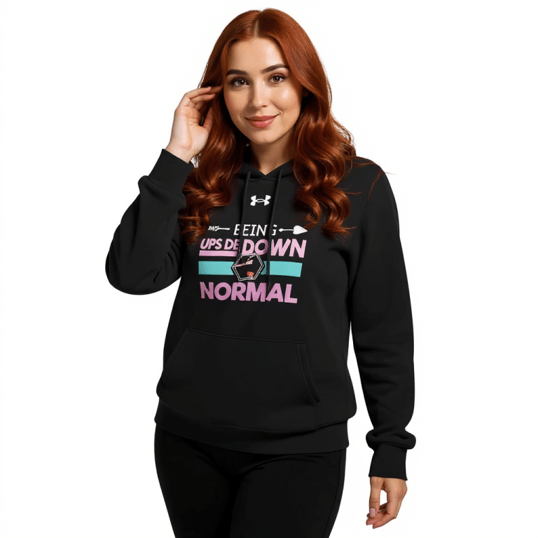 Under Armour hoodie "Being Upside Down Normal" in soft fleece, pink & teal graphics, unisex with front pocket.