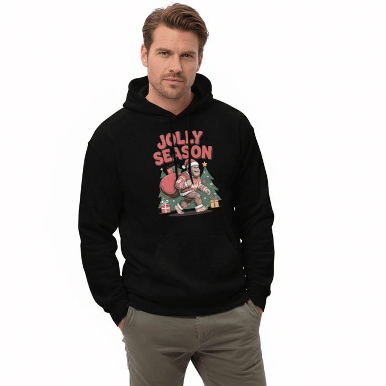 Whimsical retro-style unisex hoodie in navy with festive holiday design, cozy cotton-polyester blend, front pouch pocket, adjustable hood