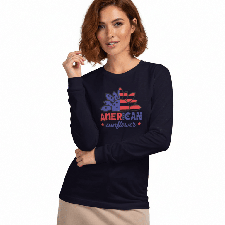 Navy unisex long sleeve tee - American sunflower design with stars and stripes, 100% combed ring-spun cotton, Bella+Canvas crew neck