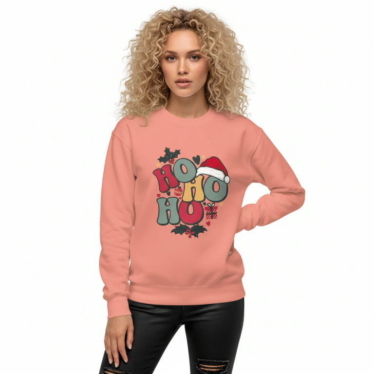 Premium unisex sweatshirt with Ho Ho Ho festive design, soft fleece, classic fit, charcoal heather option, Christmas style.