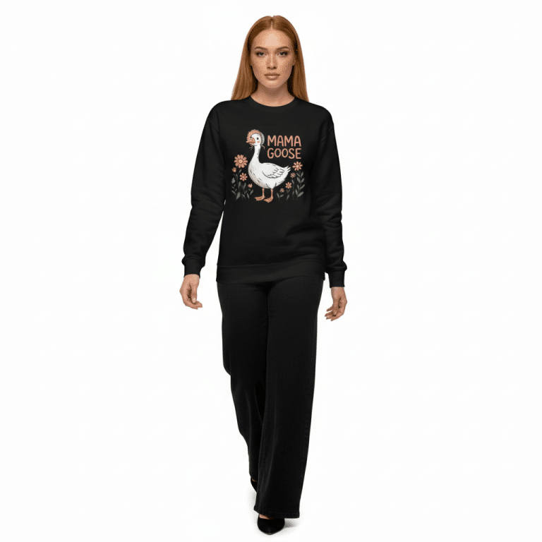Unisex premium sweatshirt with playful Mama Goose floral design, soft fleece interior, ribbed crew neck, long sleeves, classic fit.