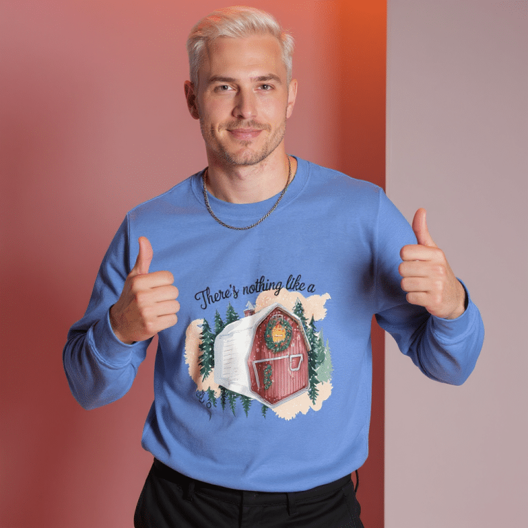 Unisex Christmas sweatshirt with farmhouse slogan, classic fit, cozy cotton-poly blend, soft pre-shrunk fabric.
