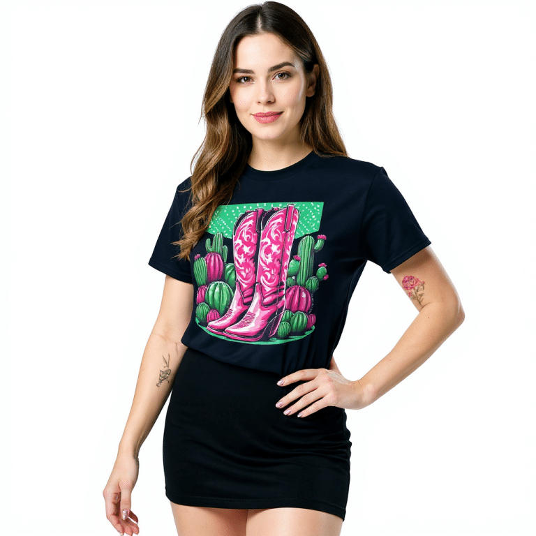 Unisex classic tee with pink cowgirl boots print - 100% cotton, vibrant design, casual western style, soft and breathable.