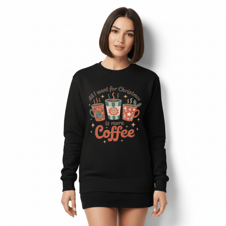 Unisex organic cotton sweatshirt with "All I Want for Christmas is More Coffee" phrase and three steaming mugs graphic, festive holiday wear.