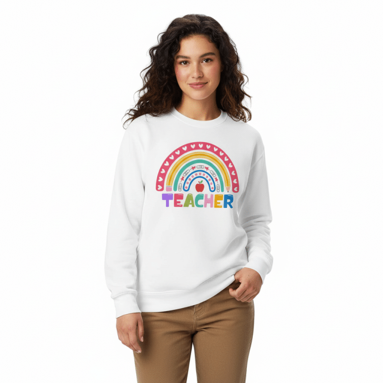 Unisex organic cotton eco sweatshirt for teachers with rainbow and hearts design, regular fit, sustainable fashion.
