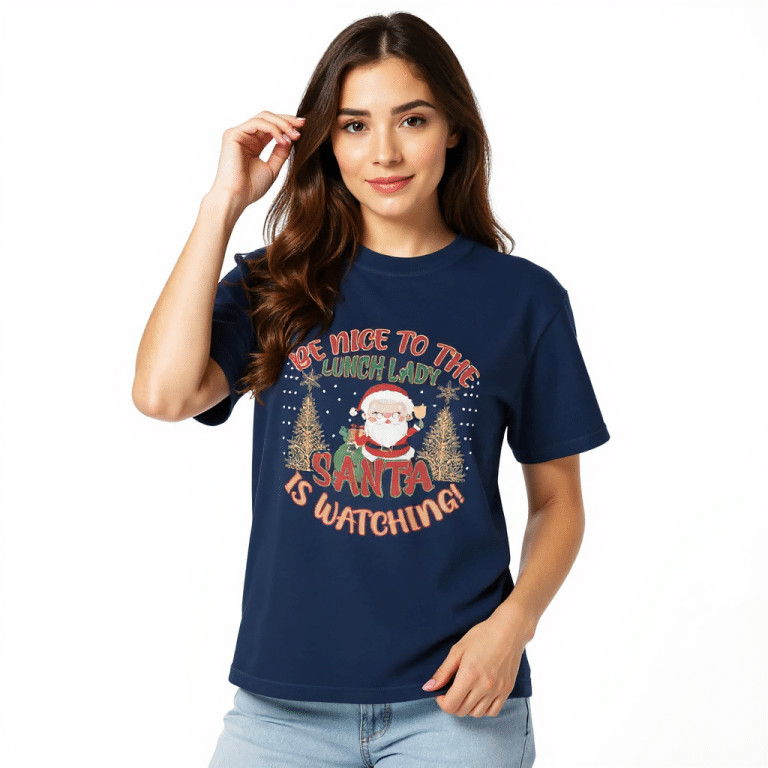 Unisex garment-dyed heavyweight cotton t-shirt 'Be Nice To The Lunch Lady' slogan, relaxed fit, Christmas holiday tee