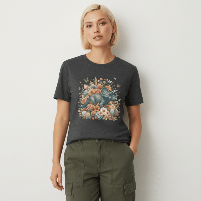 Unisex organic cotton tee with floral cottagecore triceratops design, soft 5.3 oz. sustainable fashion.