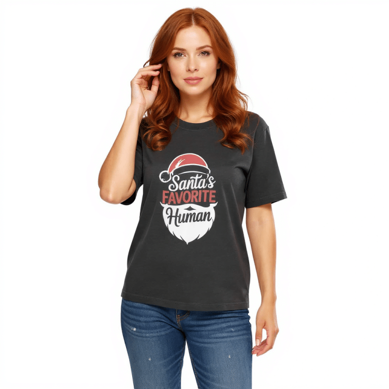 Organic ribbed neck t-shirt "Santa's Favourite Human" with Santa graphic, soft cotton, unisex holiday tee
